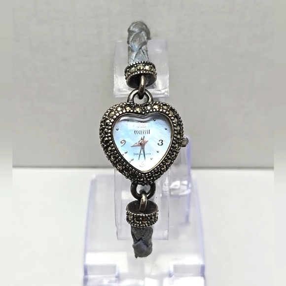 Ecclissi Sterling Silver Heart Watch Marcasite Bracelet MOP Dial New Battery 925 - Picture 1 of 11